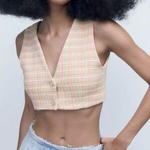 NWT Zara Vest Tweed Cropped Pink Green Plaid S Pastel Y2K Festival Preppy Chic